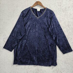 Vintage Bentley Womens Large Navy Blue Velvet Studde  V-Neck Long Sleeve Top JPT